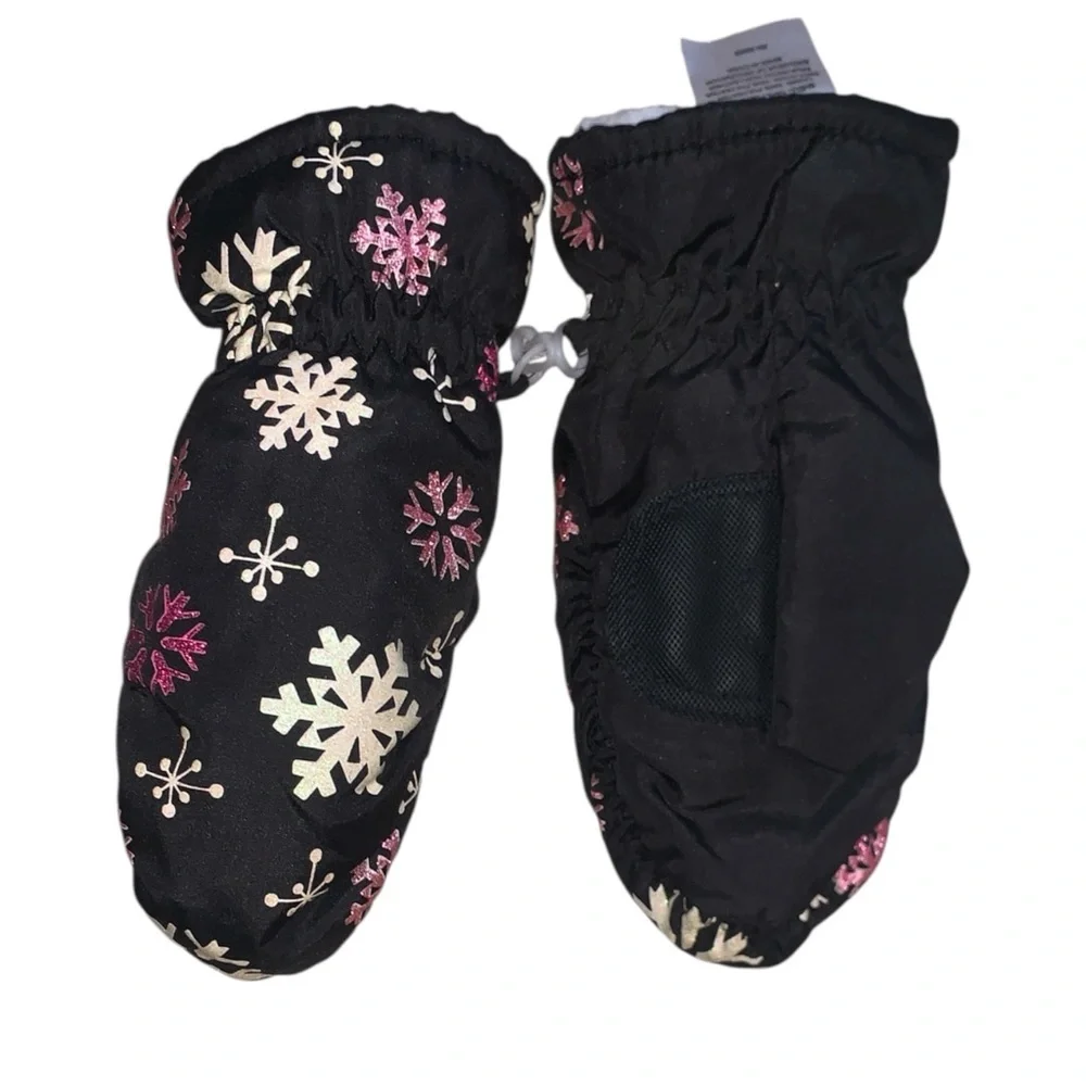 Snowflake Patterned Black Mittens Size Girls 4-6X winter